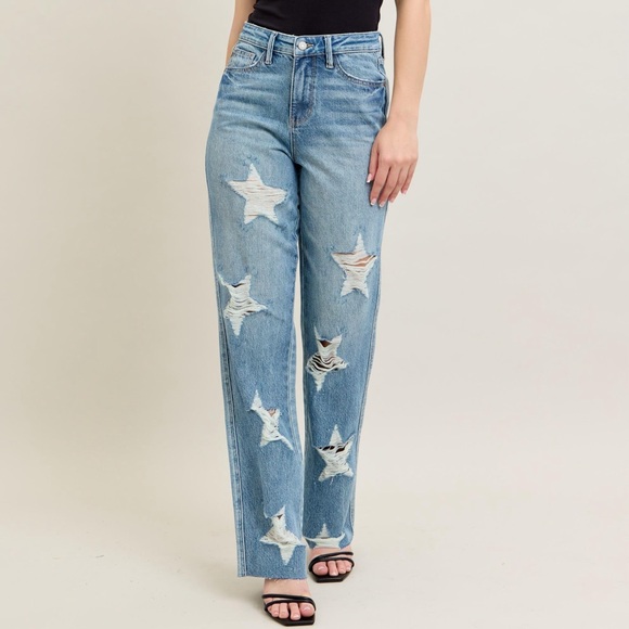 NWT Judy Blue High Waist Rigid Magic Star Destroyed 90s Straight Leg Jeans - Picture 1 of 16